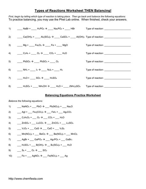 types of reactions worksheet then balancing